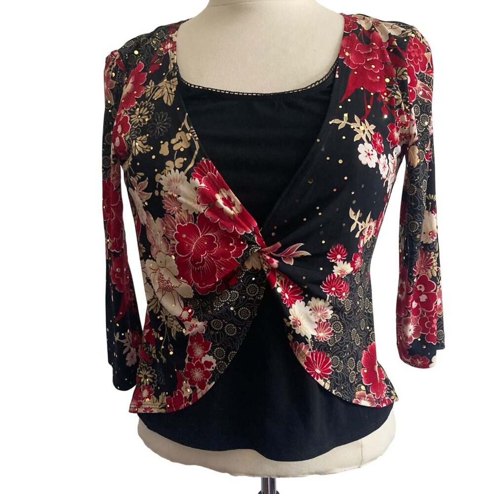 Vintage Y2K IZ Byer Floral Top XL Black Red Metallic Gold Detail Whimsigoth